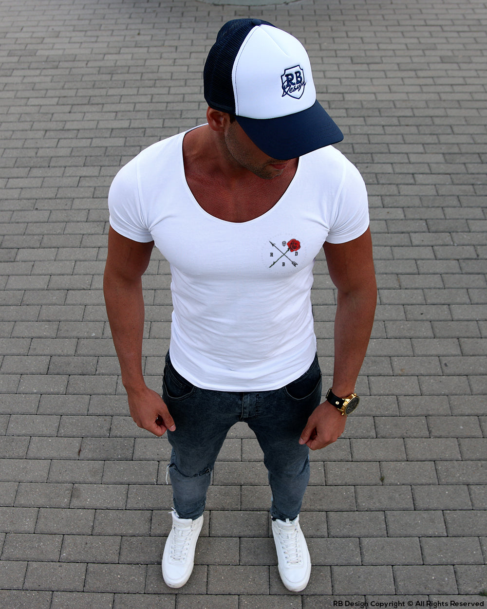 Men's White T-shirt Arrow and Rose Pocket Style MD894
