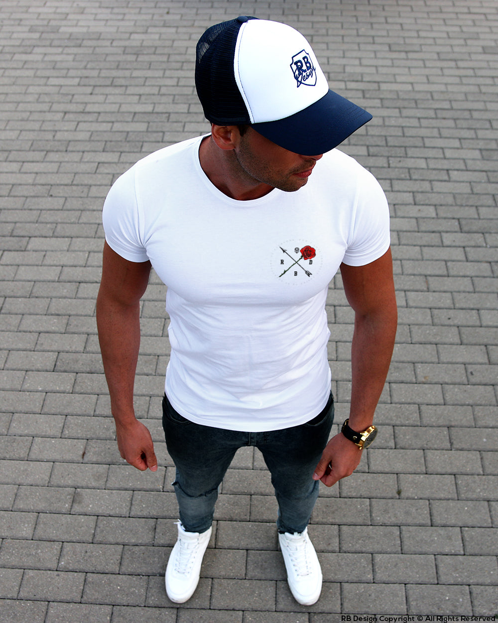 Men's White T-shirt Arrow and Rose Pocket Style MD894