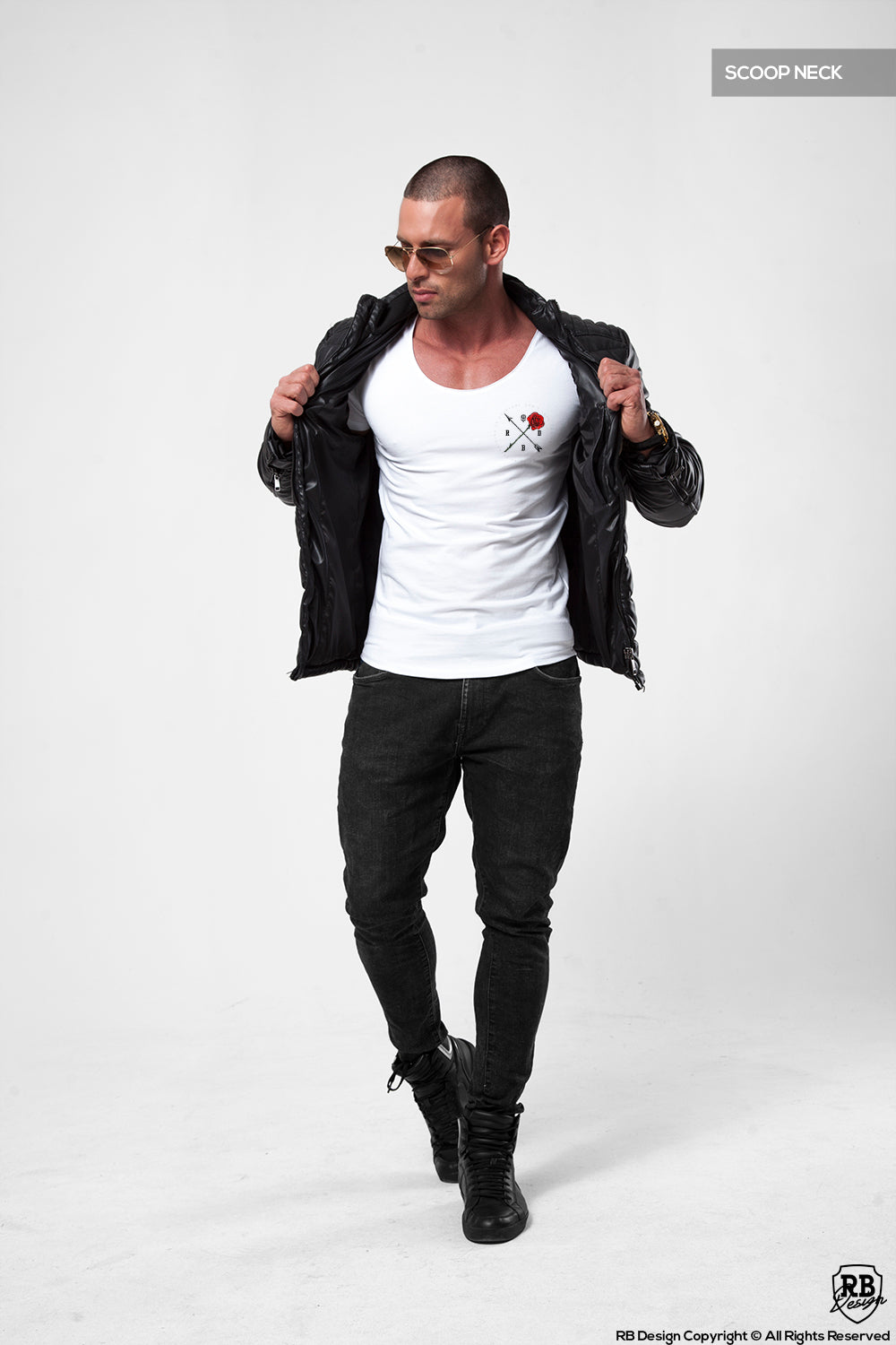 Limited Edition Mens White Scoop Neck T-shirt Rose and Arrow MD894 B