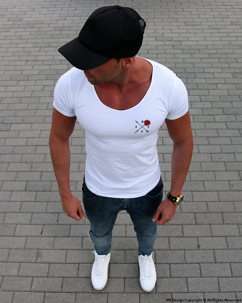 Limited Edition Mens White Scoop Neck T-shirt Rose and Arrow MD894 B