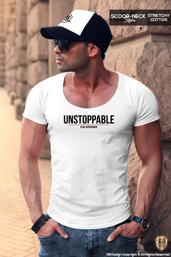 Men's White T-shirt Unstoppable Saying Muscle Fit Cotton Tee MD920