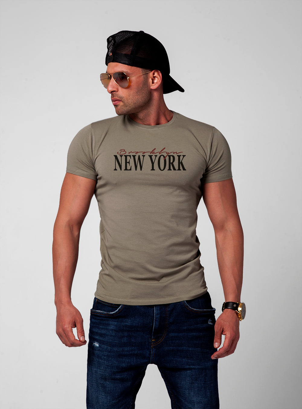 Men's T-shirt "New York Brooklyn" Khaki Gray Beige / Color Option / MD923