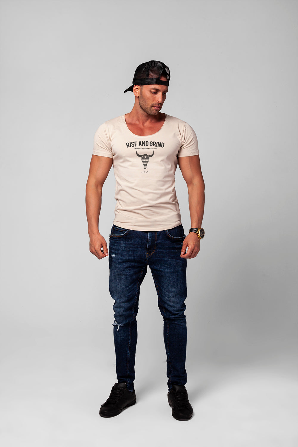 Men's T-shirt "Rise and Grind" Khaki Gray Beige / Color Option / MD932