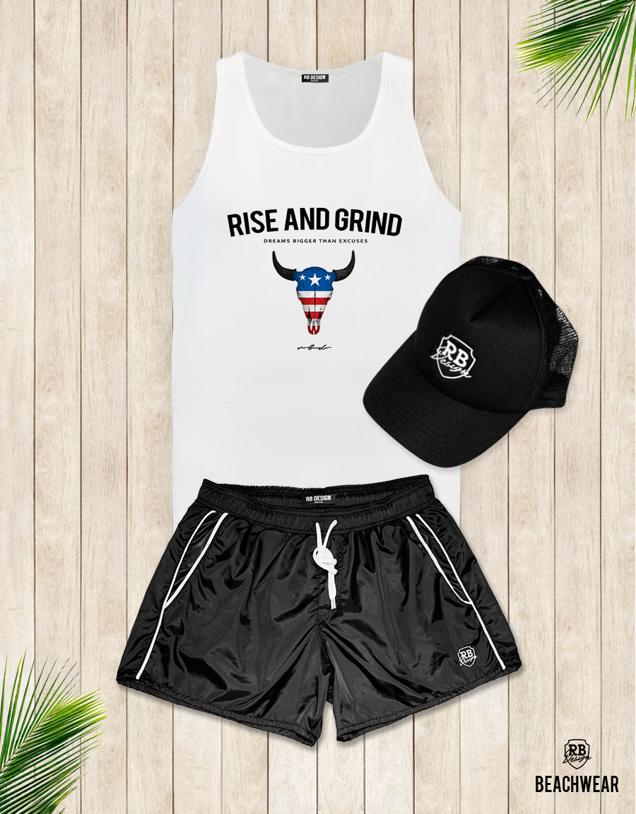 Bundle 3 - Black Mens Swimming Shorts + Black Hat + Tank Top MD932