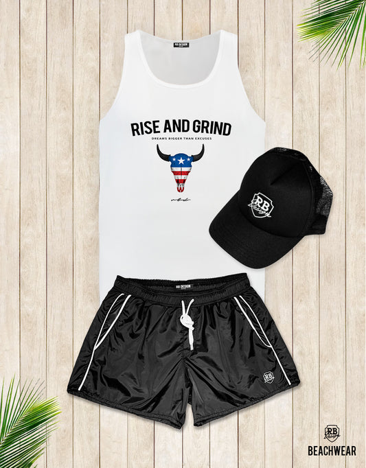 Bundle 3 - Black Mens Swimming Shorts + Black Hat + Tank Top MD932