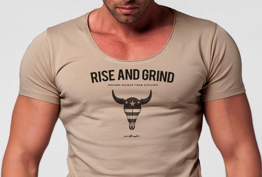 Men's T-shirt "Rise and Grind" Khaki Gray Beige / Color Option / MD932