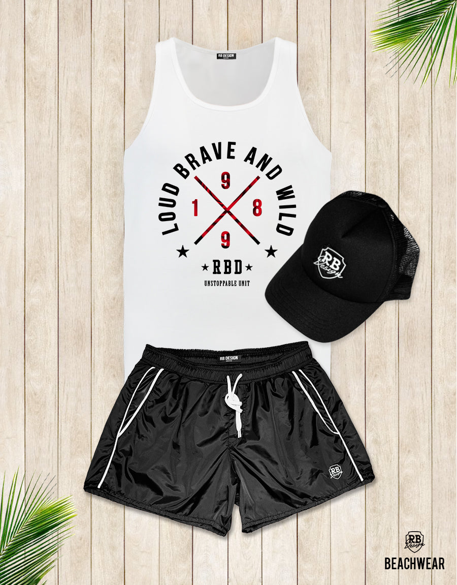 Bundle 3 - Black Beach Shorts + Black Hat White Logo + Tank Top MD871