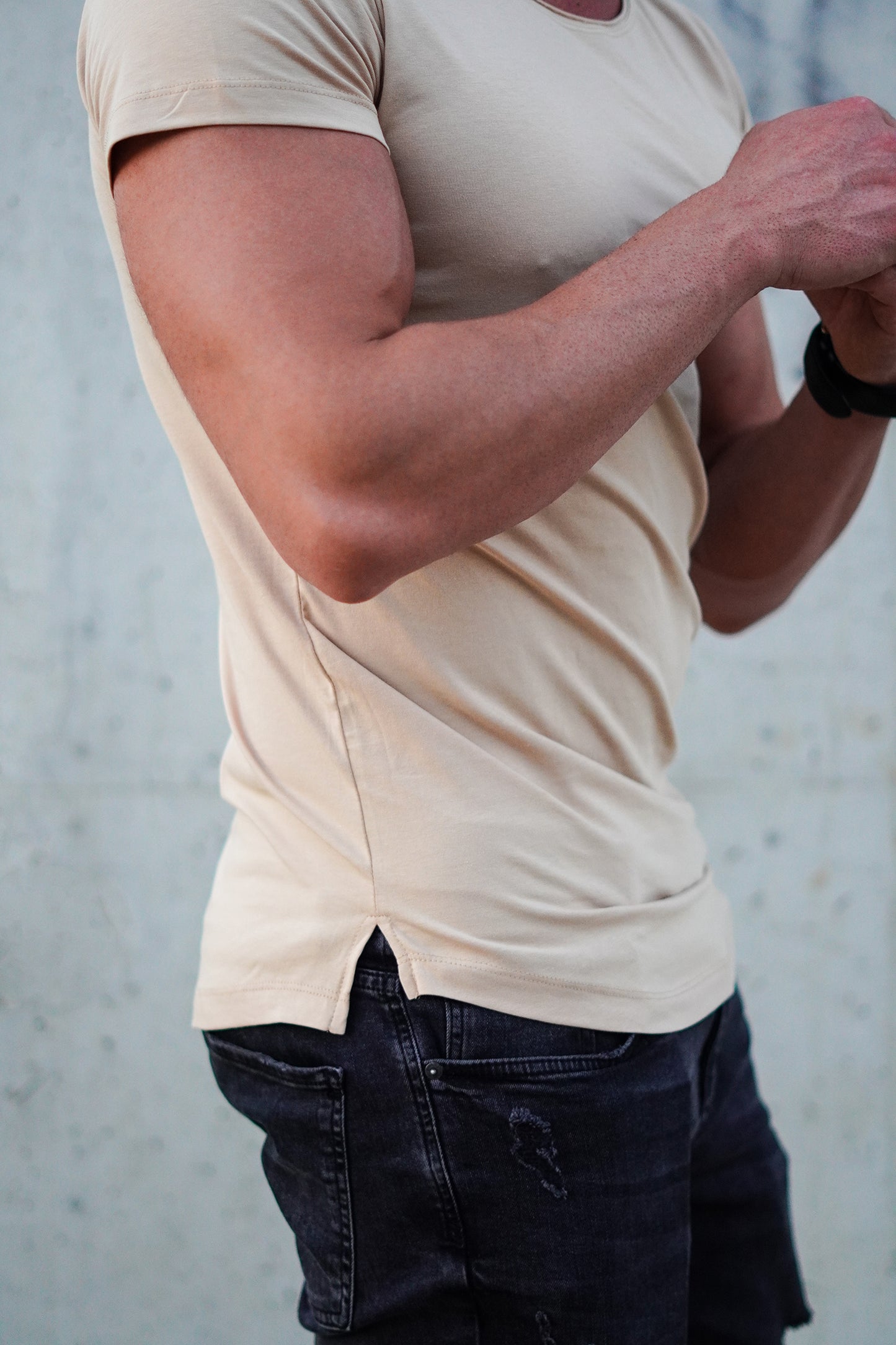 Men's Plain Beige T-shirt - Round Neck Longline