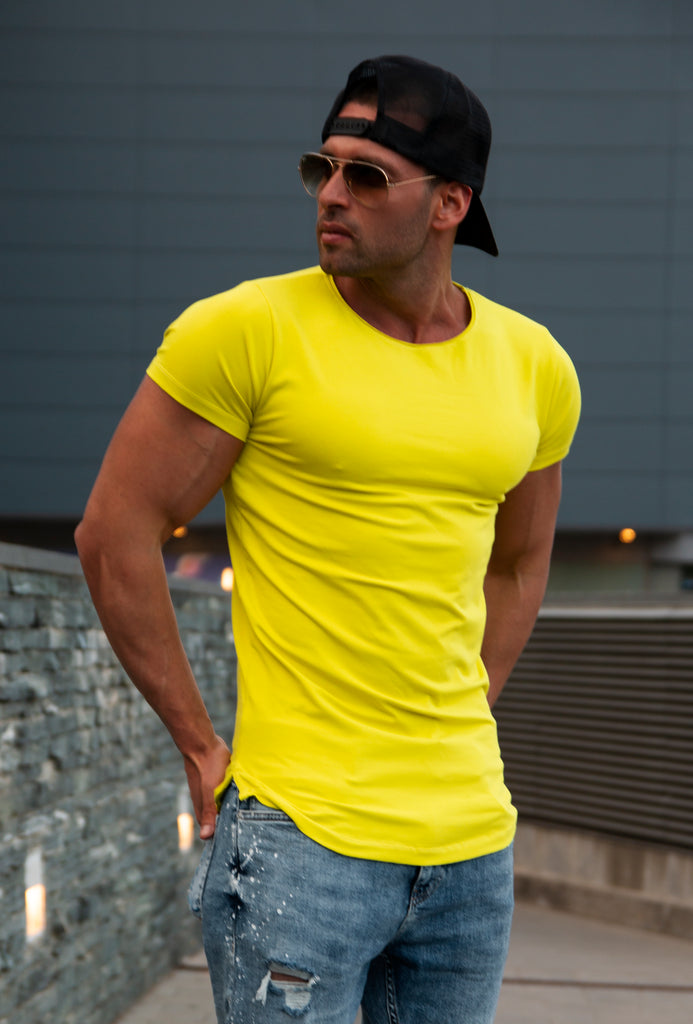 Men's Plain Electric Green Round Neck T-shirt - Long Fit Tee – RB ...