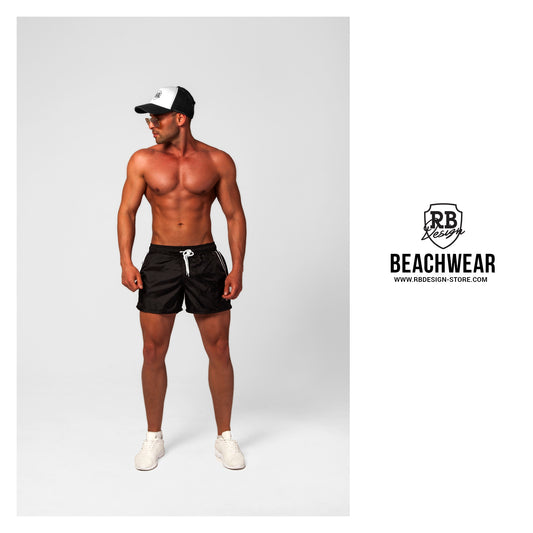 Bundle Black Mens Swimming Shorts + Black/White Hat BW01BWH