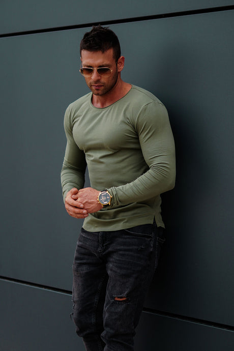 Plain Army Green Scoop Neck Long Sleeve T-shirt / Khaki Color