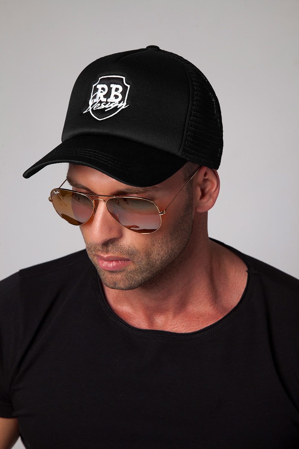 Stylish Black Hat RB Design Embroidered White Logo Unisex
