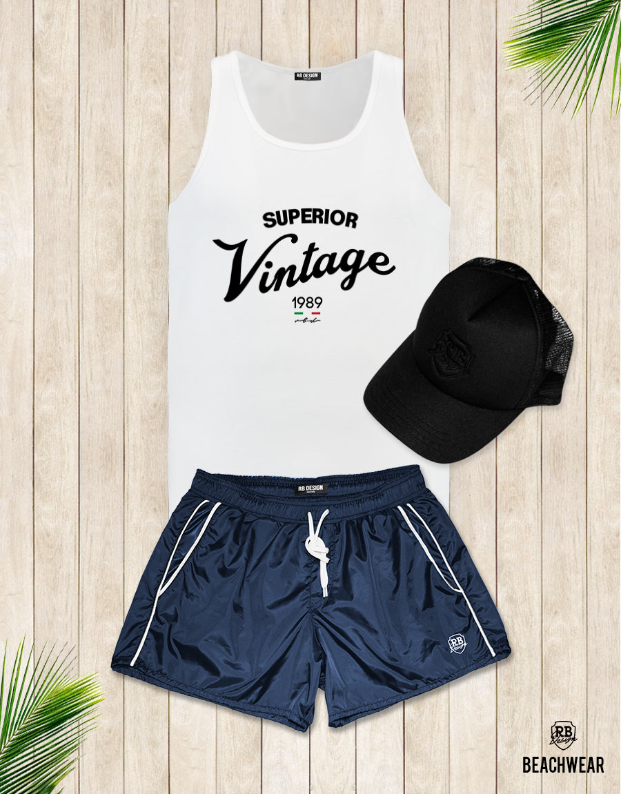 Bundle 3 - Dark Blue Beach Shorts + Black Hat + Tank Top MD934