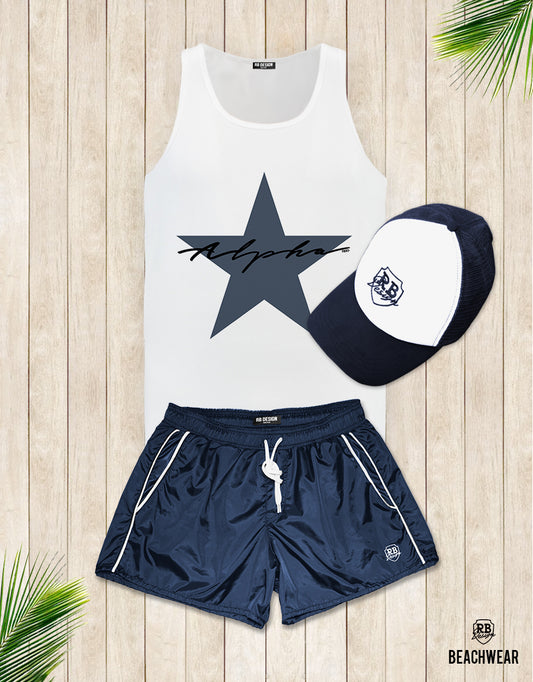 Bundle 3 - Dark Blue Beach Shorts + Blue Hat + Tank Top MD885
