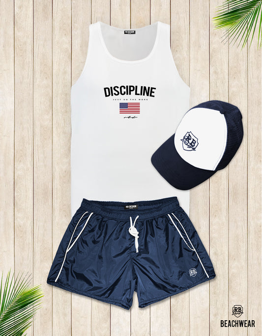 Bundle 3 - Dark Blue Beach Shorts + Blue Hat + Tank Top MD933