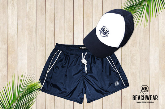 Bundle Dark Blue Mens Swimming Shorts + Blue/White Hat BW01DBB