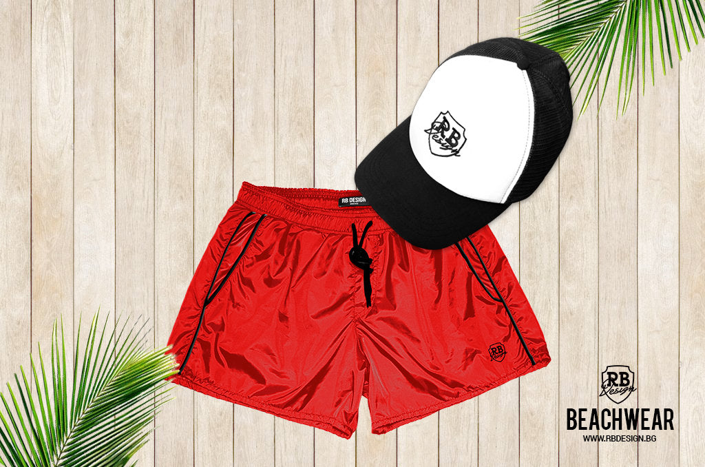 Bundle Red Mens Swimming Shorts + Black/White Hat BW01RBW