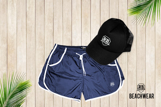 Bundle Dark Blue Mens Swimming Shorts + Black Hat White Logo BW02DBBW
