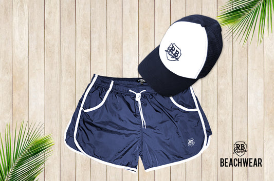 Bundle Dark Blue Mens Swimming Shorts + Blue White Hat BW02DBBW