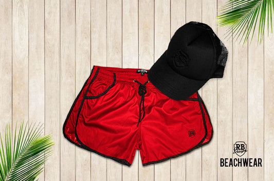 Bundle RED Mens Swimming Shorts + Black Hat BW02BH