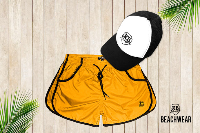 Bundle Yellow Mens Swimming Shorts + Black and White Hat BW02YBW