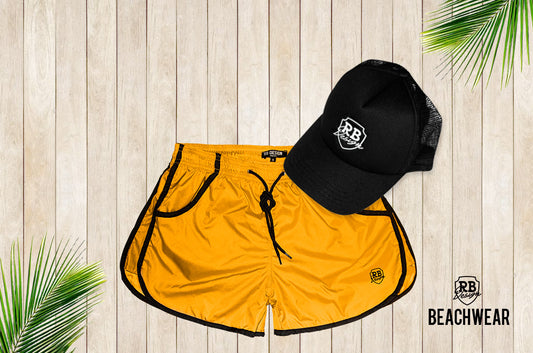 Bundle Yellow Mens Swimming Shorts + Black Hat White Logo BW02YBW